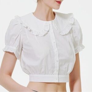 100% Cotton White Ruffled Women's Crop Top Blouse Small
